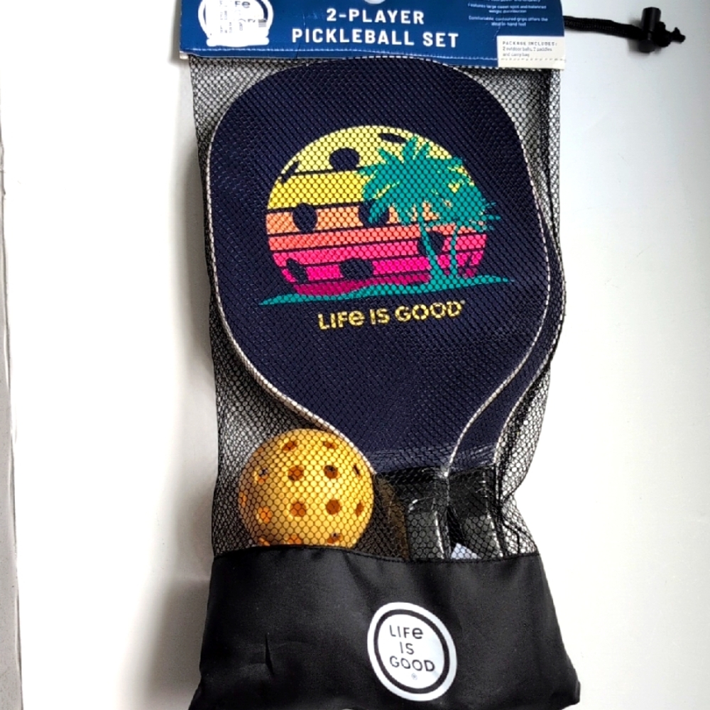 Life is Good Pickleball Set Palm Tree Design 2 Paddles 2 Balls & Bag - Picture 2 of 5